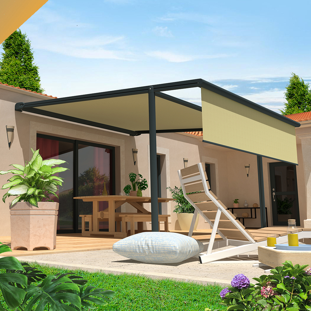 Pérgola cofre FINISTERRE 4,00x4,00 M Motorizado con mando a distancia y sistema de emergencia + led + bambalina INTERSUN - 1