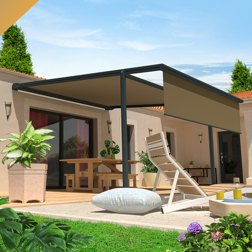 Pérgola cofre FINISTERRE 4,00x4,00 M Motorizado con mando a distancia y sistema de emergencia + led + bambalina INTERSUN - 6