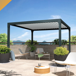 Pérgola bioclimática GREGAL autoportante - Gris/Blanco - 3,50x4,00 M - Motorización con pistón eléctrico y mando a distancia INT